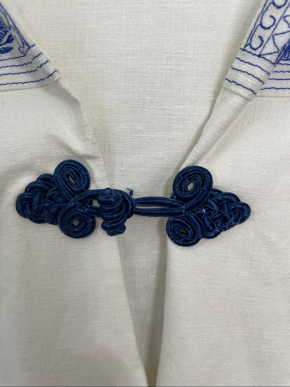 Soft Surroundings Linen Blend Maxi Peasant Caftan/ Dress Blue Embroidery Accents - Picture 7 of 13